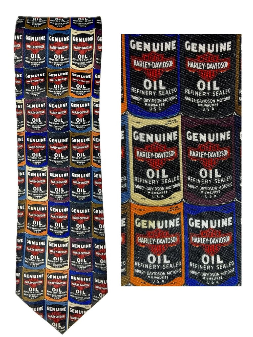 Vintage Harley-Davidson Stacked Oil Cans Mens Tie Novelty Neckwear Y2K